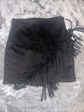Windsor Black Fringe Wrap Suede Mini Skirt